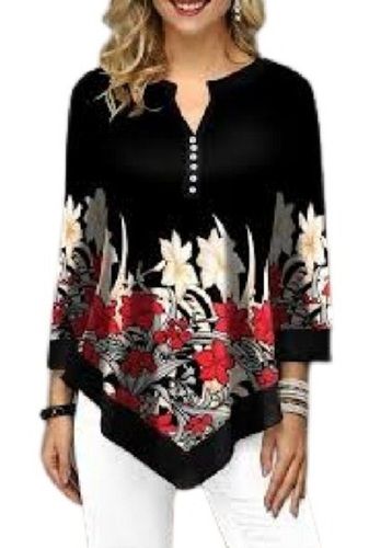 Black Casual Wear Comfortable Breathable 3/4Th Sleeve Printed Cotton Top For Ladies