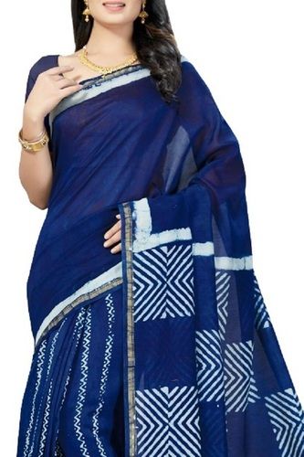 Casual Ladies Blue And White Cotton Silk Saree