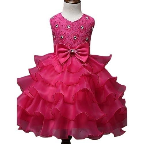 Pink Party Wear Breathable Modern Style Skin Friendly Chiffon Frock For Girls Kid