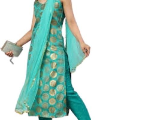 Blue With Golden Party Wear Round Neck Sleeveless Printed Cotton Fancy Kurtis For Ladies