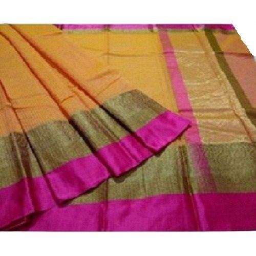 Cotton Silk Stylish And Comfortable Plain Cotton-Silk Yellow Saree With Pink Border For Ladies 