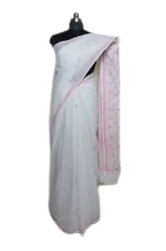 White With Pink Lightweight Hand Embroidered Casual Wear Chikankari Cotton Saree