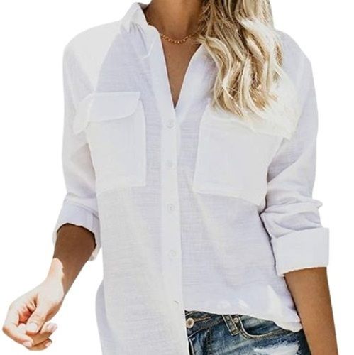 Plain Formal Wear Full Sleeves Classic Collar Cotton Shirt For Ladies