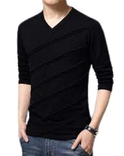 Black Stylish Comfortable Full Sleeve V Neck Plain Cotton T Shirts For Men 