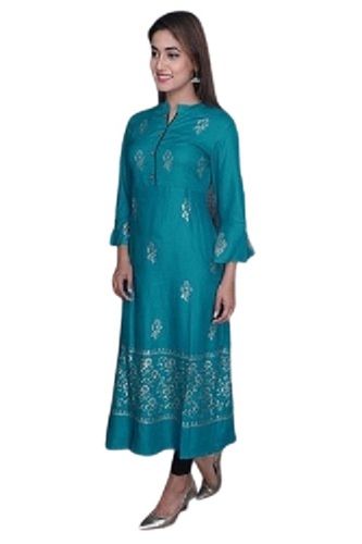 Ladies Flared Sleeves Printed Cotton And Silk Kurti