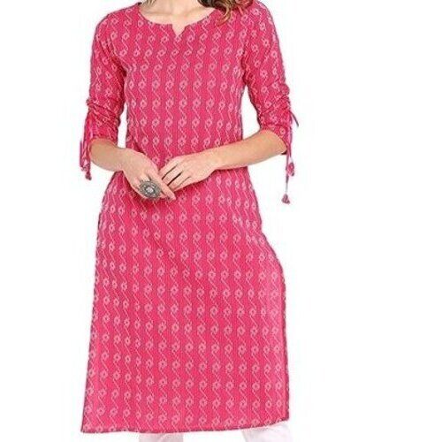 Pink A Line Printed 3-4Th Sleeve Causal Wear Washable Cotton Kurti