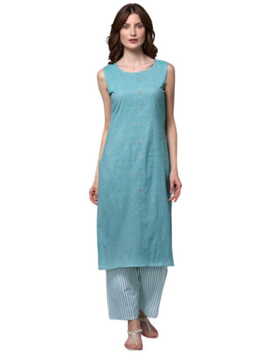 Sky Blue Washable Daily Wear Plain Cotton Sleeveless Kurti