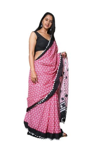 Pink And Black Comfortable Printed Cotton Daily Wear Ladies Saree