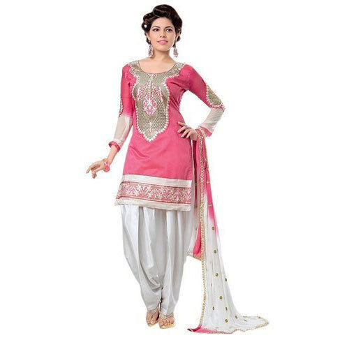 White & Pink Ladies Comfortable Round Neck 3/4 Sleeves Salwar Suit