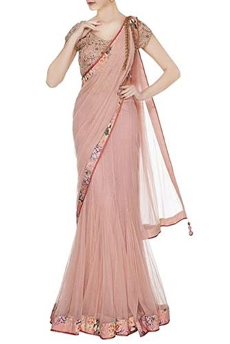 Ladies Comfortable Patch Border Party Wear Pink Net Saree