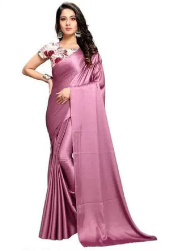 Pink Satin Saree With Printed Blouse Piece