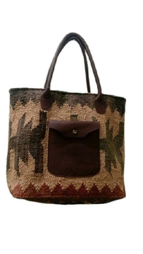 Brown 16X12X3 Inch Size Beautiful Pattern Wool Jute Kilim Leather Bag