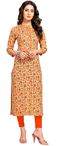 Beige And Orange Ladies Regular Fit 3/4Th Sleeves Round Neck Casual Wear Printed Cotton Kurti