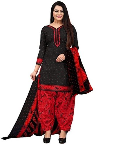 Red & Black Ladies Breathable V Neck 3/4 Sleeve Printed Cotton Patiala Suit With Dupatta 