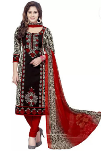 Multicolored Casual Wear Soft Cotton Chiffon Fabric Red Fancy Printed Suits For Ladies