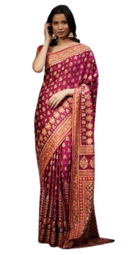 Maroon 5.5 Meters Long Party Wear Hand Embroidery Floral Embroidered Silk Saree