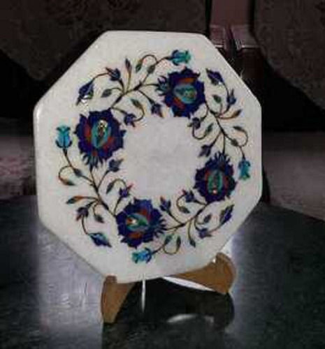 Octagonal White Marble Inlay Dining Table Top With Semi Precious Stone Inlay Work