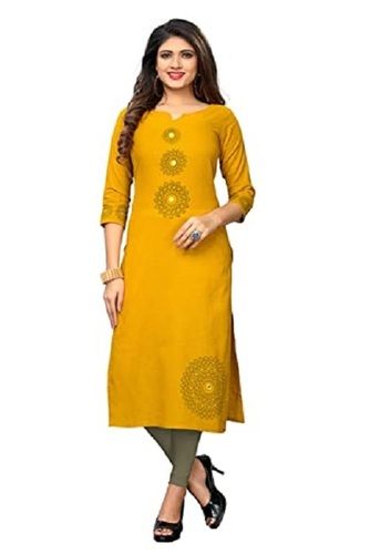 Yellow Ladies Straight Style And Quarter Sleeves Cotton Printed Kurta