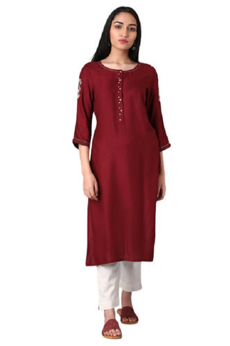 Regular Fit Plain 3/4th Sleeves Casual Wear Washable Rayon Kurta For Ladies