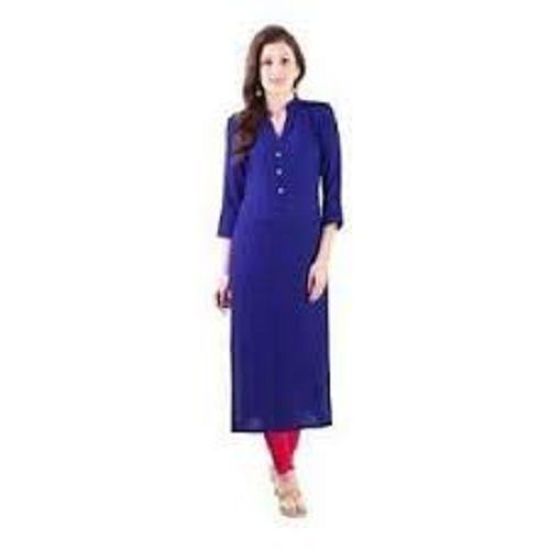 Blue Breathable Fancy Trendy Modern Plain Full-Sleeve Casual Wear Kurti For Women