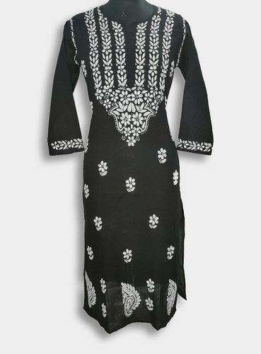 कैज़ुअल और एथनिक वियर के लिए इंडियन ब्लैक राउंड नेक 3-4 स्लीव A-लाइन एम्ब्रॉयडरी कॉटन चिकनकारी लेडीज़ कुर्ती