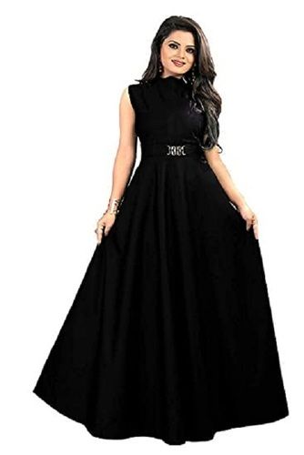 Black Ladies Breathable And Lightweight Round Neck Sleeveless Plan Dyed Silk Gown