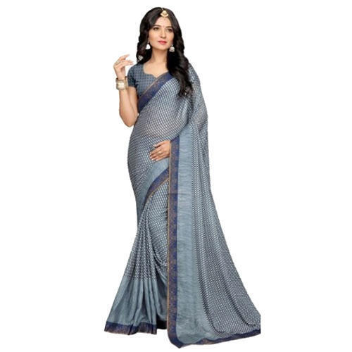 Summer Ladies Casual Wear Dot Printed Lightweight Polyester Grey Saree