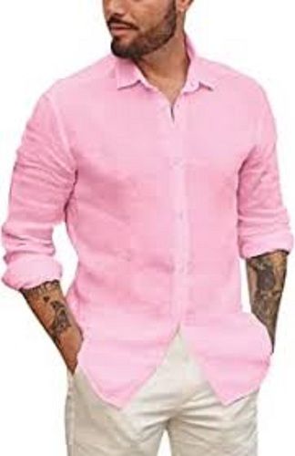 Men Plain Full Sleeves Regular Collar Slim Fit Pink Cotton Shirt