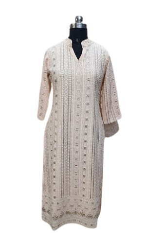 क्रीम पार्टी वियर स्ट्रेट चिकन कुर्ती, वॉश केयर: हैंडवॉश