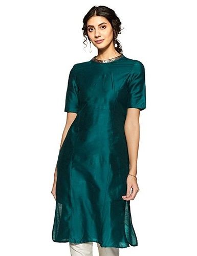 Green Straight Style And Daily Wear Short Sleeves With Plain Pattern Kurti 