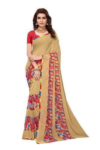 Red And Yellow Anti Wrinkle Daily Wear Printed Cotton Saree With Unstitched Blouse Piece For Ladies