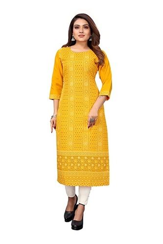 Ladies 3/4 Sleeves And Round Neck Comfortable Yellow Printed Cotton Kurtis Decoration Material: Cloths