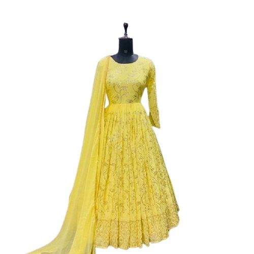 Yellow Embroidered Full Sleeves Breathable Modern Printed Ladies Designer Gown