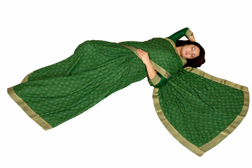 Women Vichitra Fabric Saree - Green Rubber Print Design , Lightweight Comfortable Wear for Party Occasions