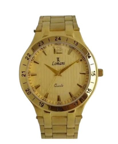 Golden Paint Coated Stainless Steel Round Glass Dial Wrist Watch For Men