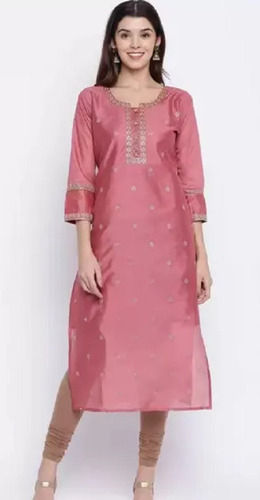 Pink And Golden 3/4Th Sleeve Round Neck Embroidered Chanderi Silk Kurti For Ladies 