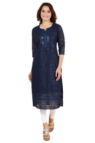 3/4th Sleeves And Skin Friendly Casual Wear Modern Embroidered Georgette Kurti