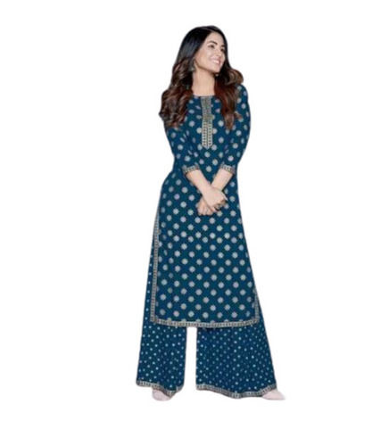 Blue 3/4Th Sleeves Skin Friendly Round Neck Party Wear Cotton Palazzo Suit