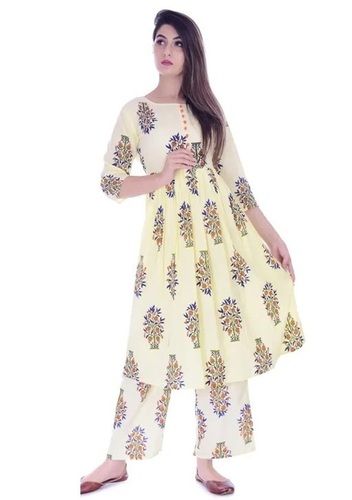 Three Four Sleeves Designer Cotton Flared Printed Kurti With Palazzo Bust Size: 36 Inch (In)