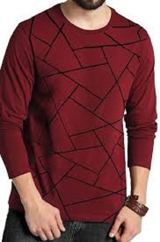 Maroon Round Neck Long Sleeve Style Casual Wear Cotton T-Shirt For Men