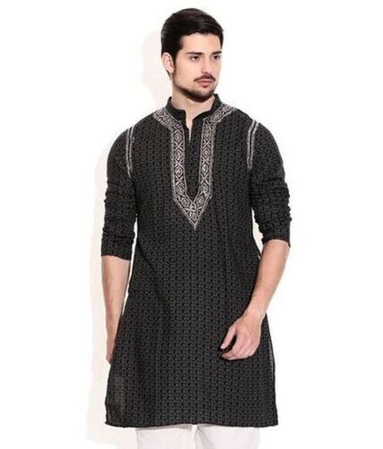 Black Beautifully Long Sleeves Party Wear Cotton Embroidered Kurta For Mens