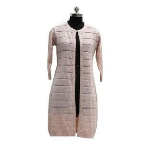 Cream Breathable And Comfortable Round Neck Casual Wear Woolen Shrug