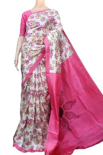 Whie And Pink Printed Traditional Wear Pure Silk Saree With Blouse Piece