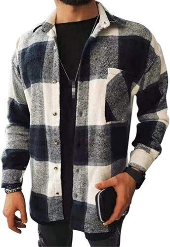 White With Blue Mens Causal Wear Checked Long Sleeve Comfort Slim Fit Styles