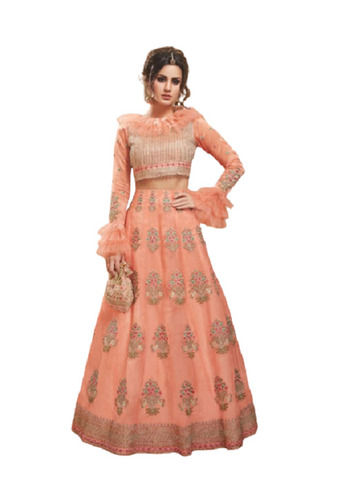 The Frilled Neckline And Full Sleeves Embroidered Net Wedding Lehenga