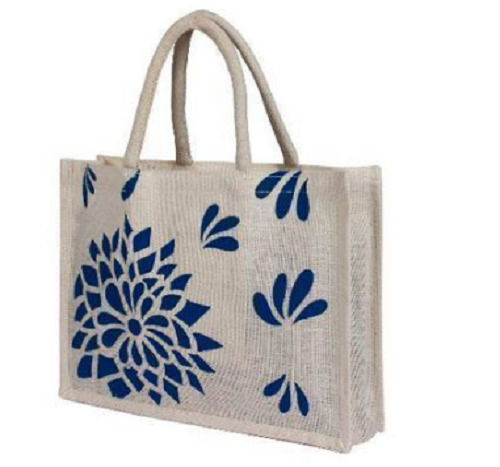 White And Blue 100% Eco Friendly Washable Shoulder Length Handle Printed Fancy Jute Bag For Ladies