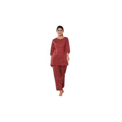 Ladies 3/4Th Sleeve Based Lounge Wear Super Soft Cotton Night Suit Set - Color: Dark Red