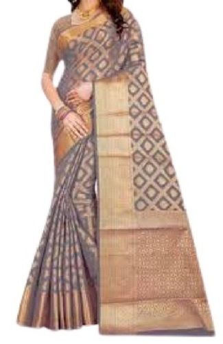Ladies Grey And Golden Printed Silk Saree