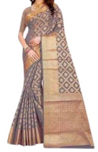 Party Wear Ladies Grey And Golden Printed Silk Saree