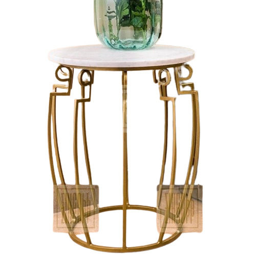 Dual Tone White and Gold Finished Side Table with Marble Top Diameter 18 Inch